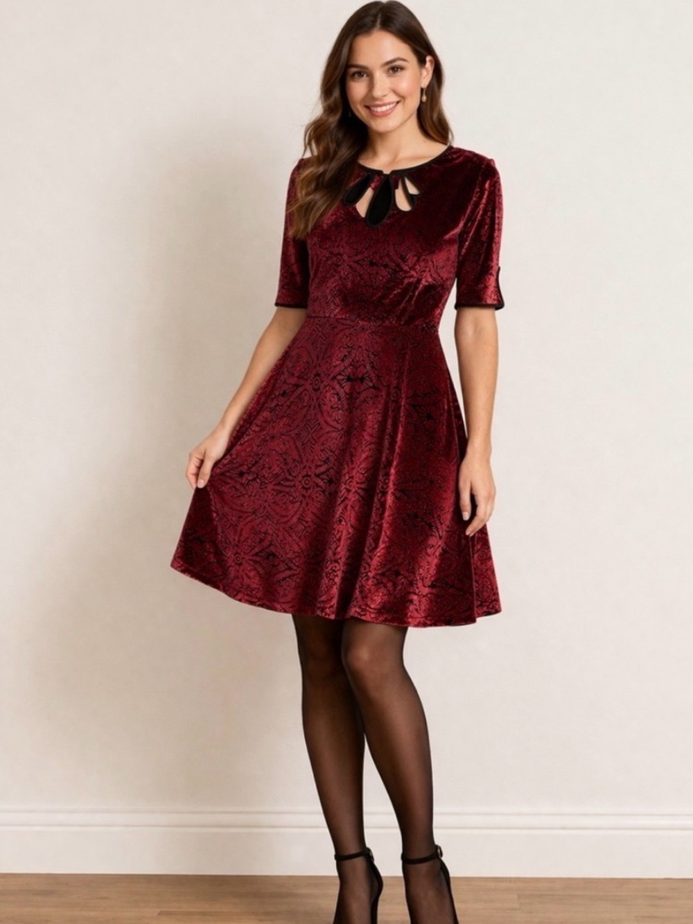 Modcloth Cherry Red Velvet Fit-and-Flare Swing Dress with Keyhole
